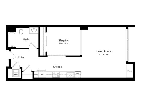 Floor plan for studio, 1 bath, 689 sqft